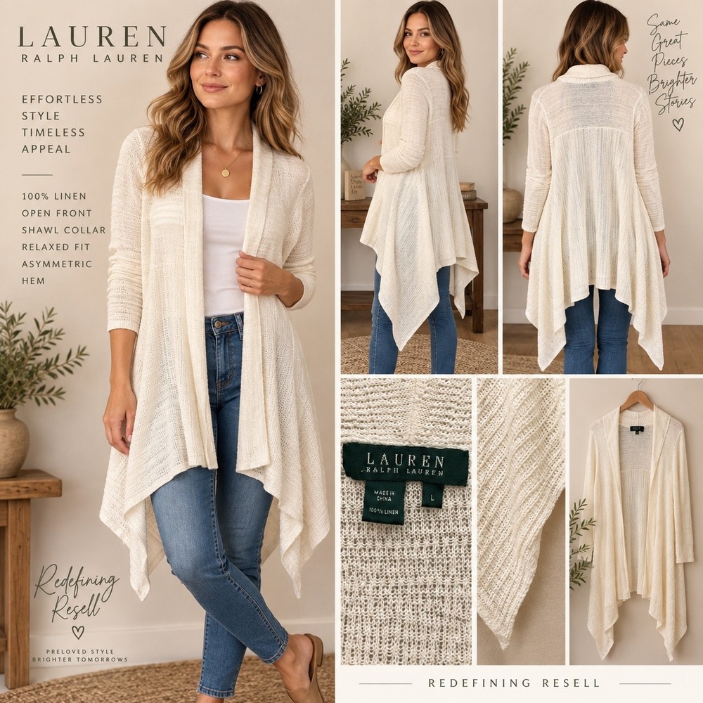 Lauren Ralph Lauren Linen Open Front Cardigan Cream Asymmetric Hem Large
